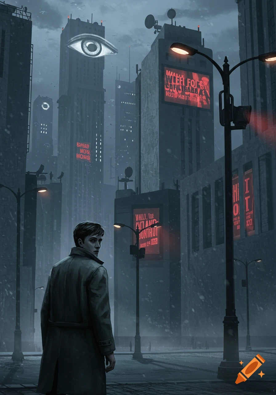 A man in a trench coat walks through a snowy, gloomy dystopian city with tall buildings, glowing red signs, and a giant eye in the sky, illustration.