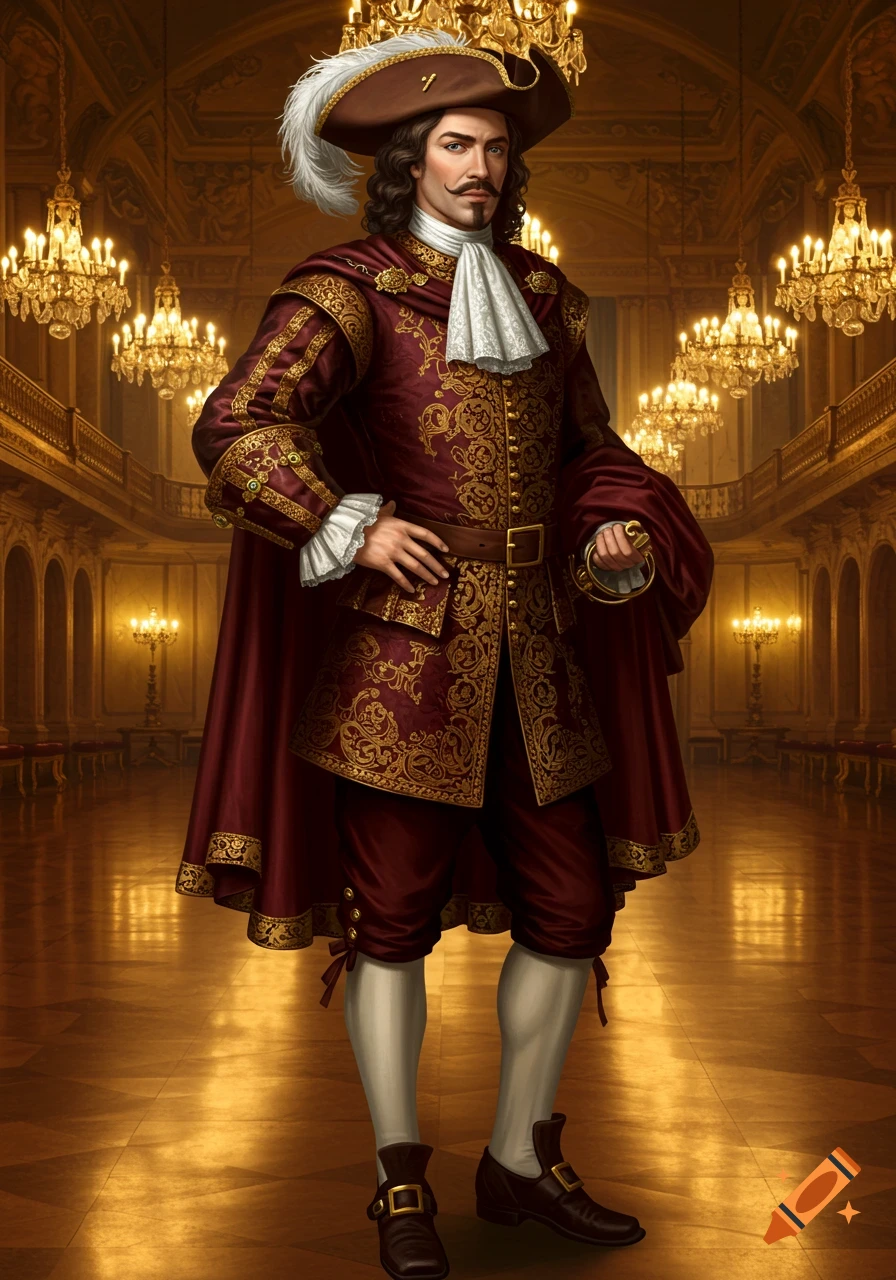 A man in an elaborate red and gold embroidered historical costume with a feathered hat stands in a grand, chandelier-lit ballroom.