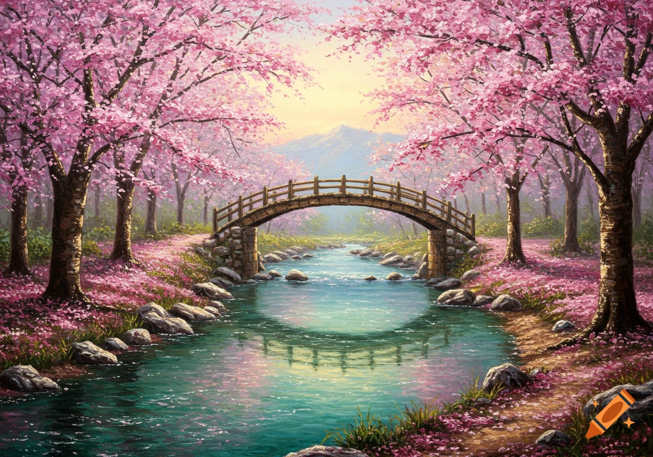 Oil painting of a scenic cherry blossom forest with a wooden bridge over a flowing river, under a bright sky.