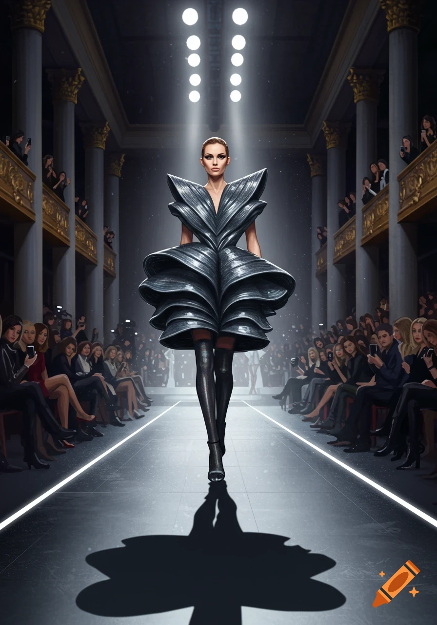 A fashion model in a dramatic silver ruffled dress walks down a brightly lit runway, with an audience seated on both sides.
