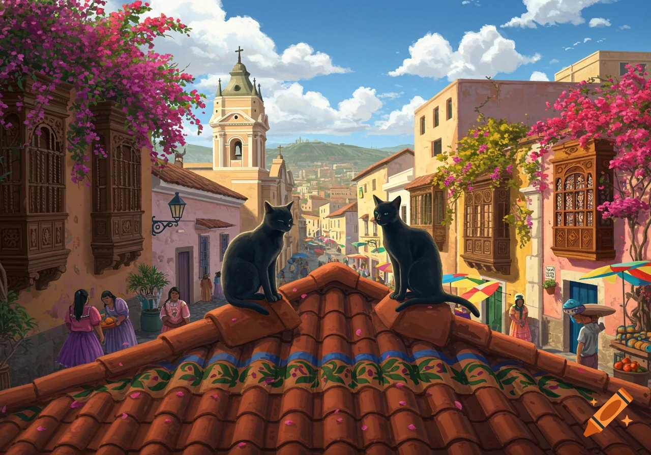 Two black cats sit on a terracotta roof overlooking a vibrant Latin American cityscape with a church and colorful buildings.