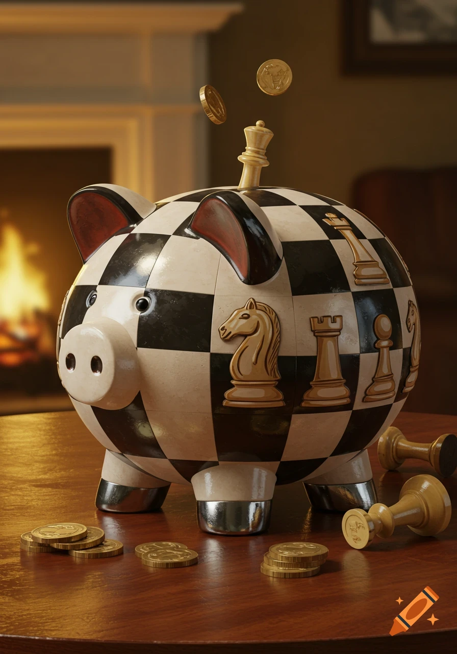 Photorealistic image of a chessboard-patterned piggy bank adorned with chess pieces and coins on a wooden table, with a fireplace.