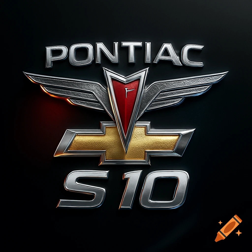 3D render of combined Pontiac, Chevrolet, and S10 logos in metallic silver and gold on a dark background.