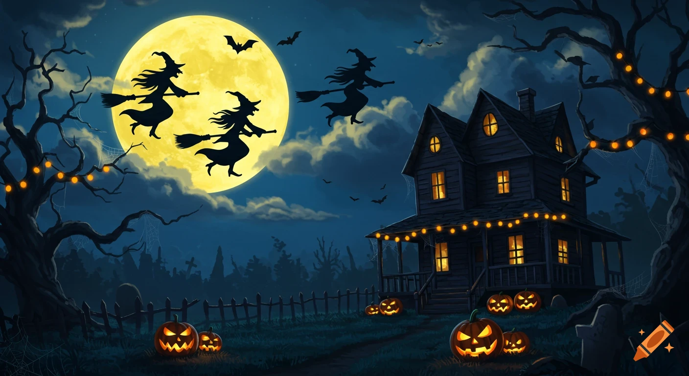 Three witches fly on brooms in front of a full yellow moon over a haunted house decorated for Halloween.