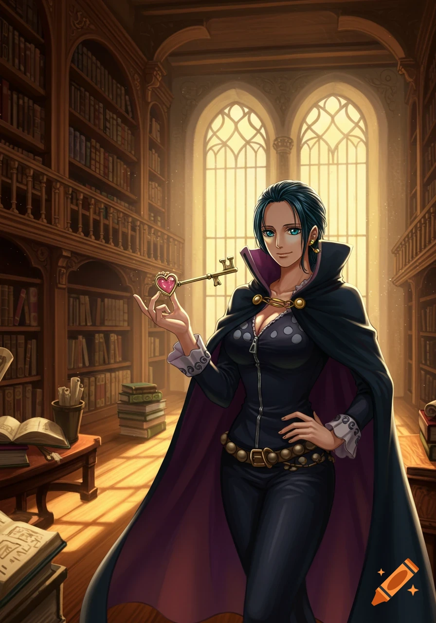 Nico Robin from One Piece stands in a grand library, holding a heart-shaped key, in a detailed anime illustration style.