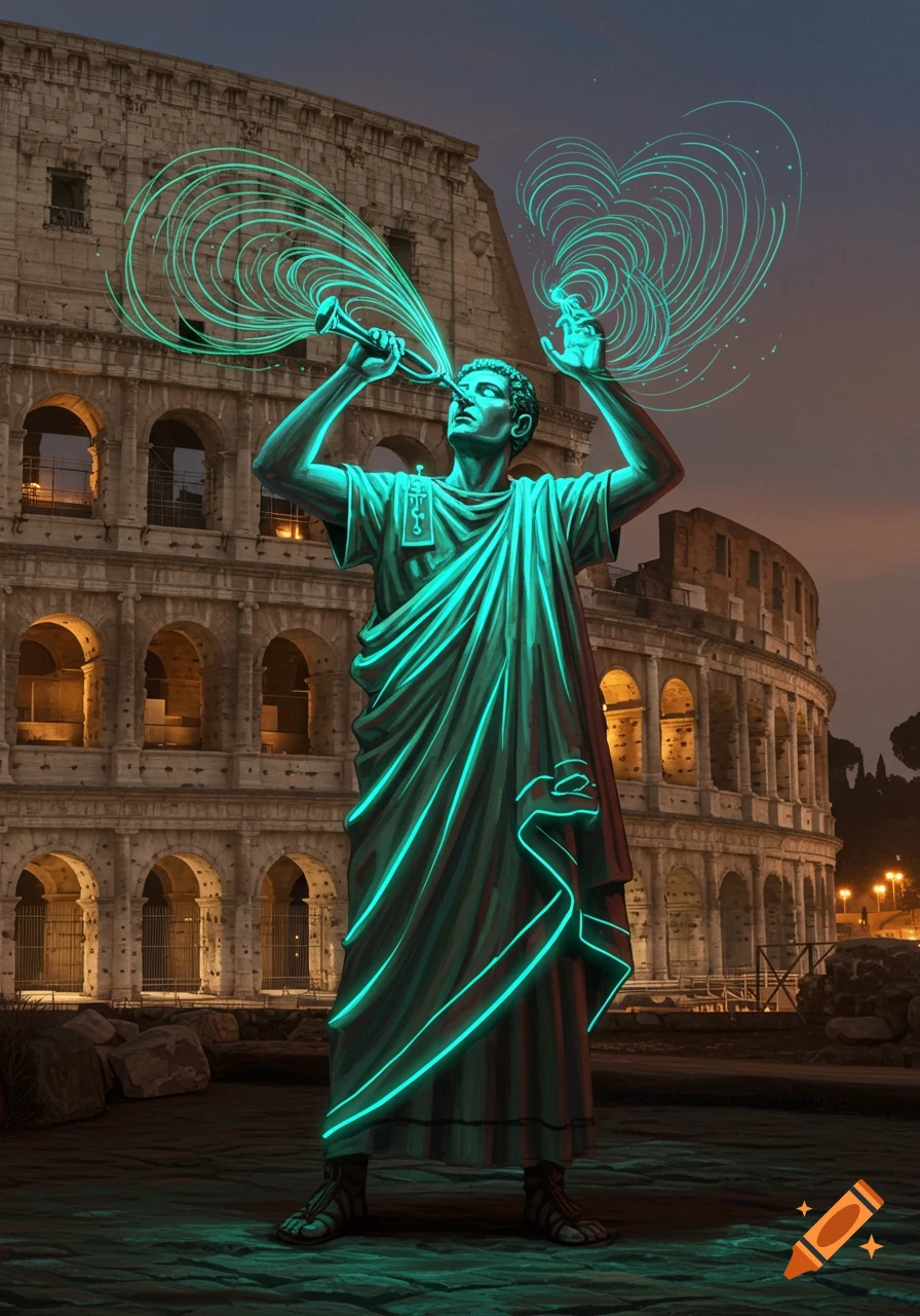 A glowing green Roman figure plays a lituus, with swirling light patterns, in front of the illuminated Colosseum at dusk.