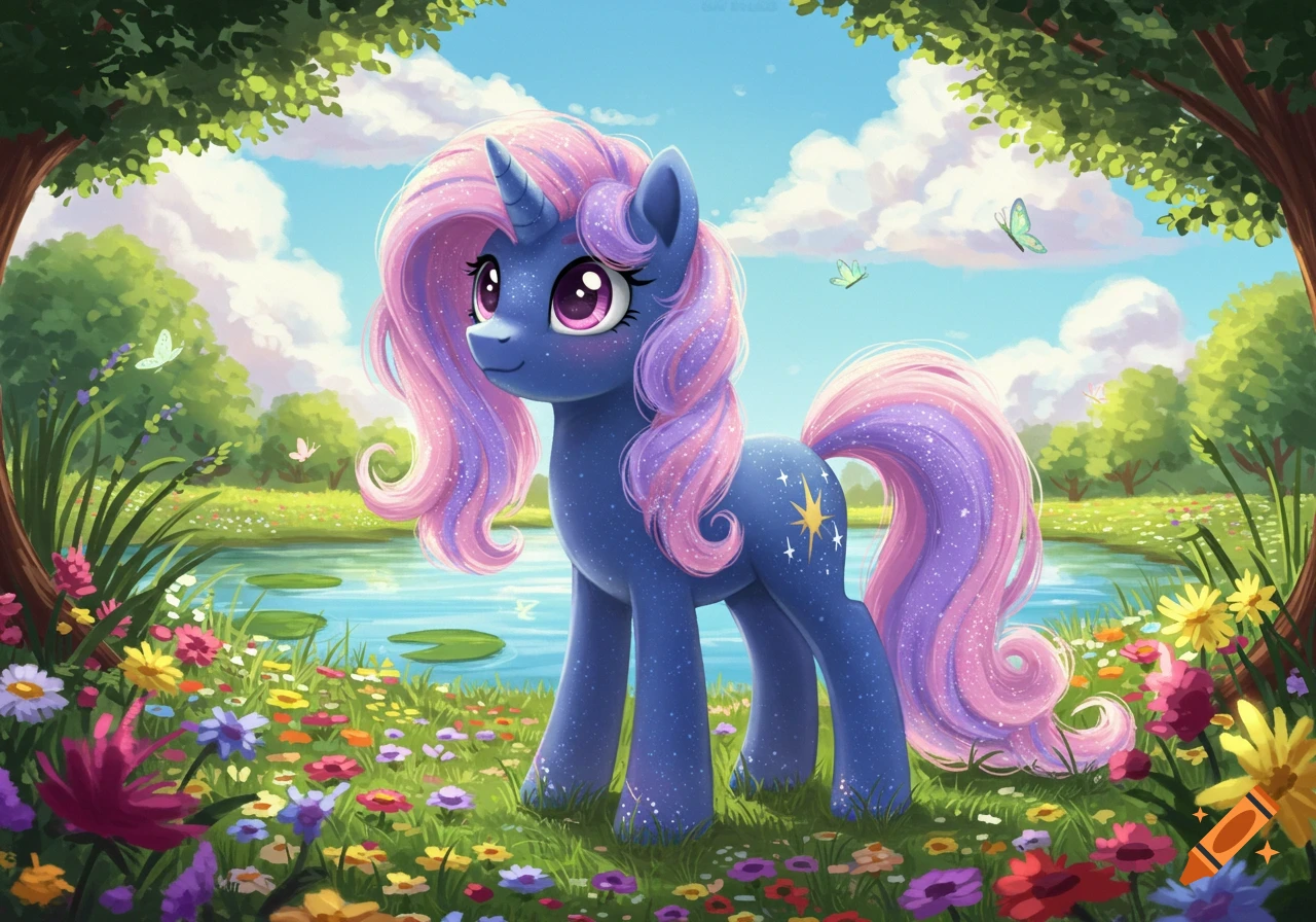 A stylized purple unicorn pony with sparkling pink and purple mane and tail stands in a vibrant flower field by a lake, under a blue sky.
