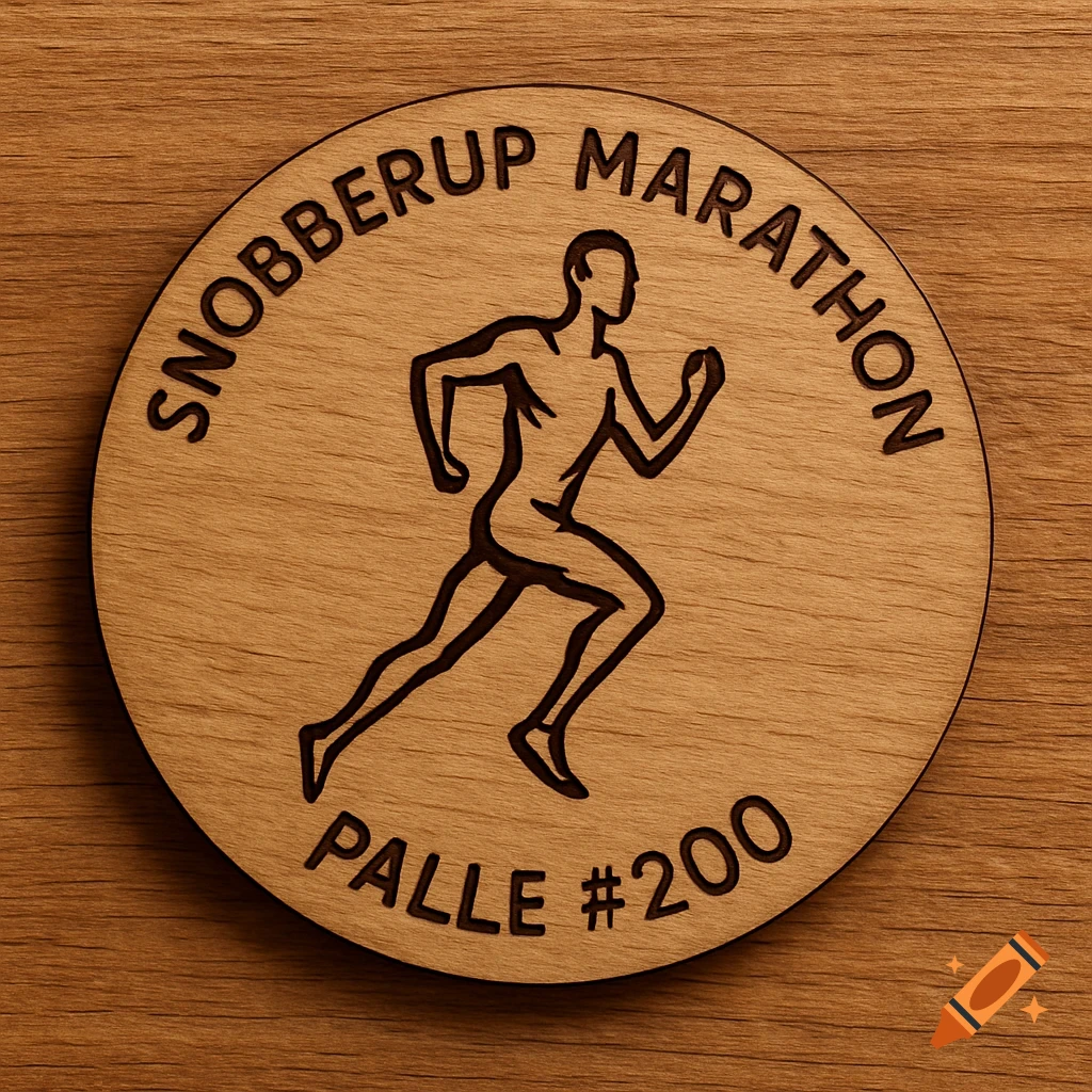 A round wooden medal engraved with 'Snobberup Marathon', a runner icon, and 'Palle #200' on a wooden surface.