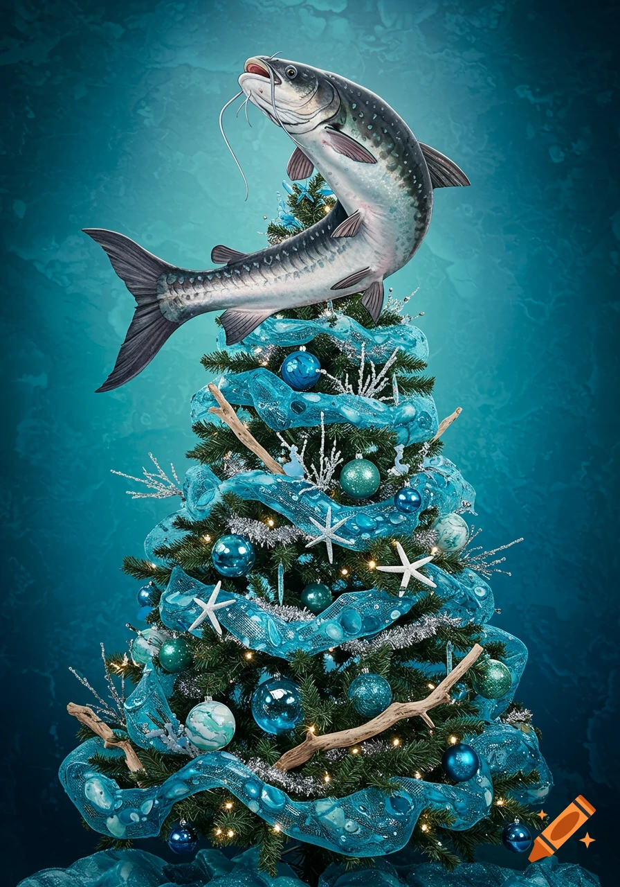 A photorealistic Christmas tree with aquatic-themed blue, green, and white decorations, topped by a catfish jumping out.