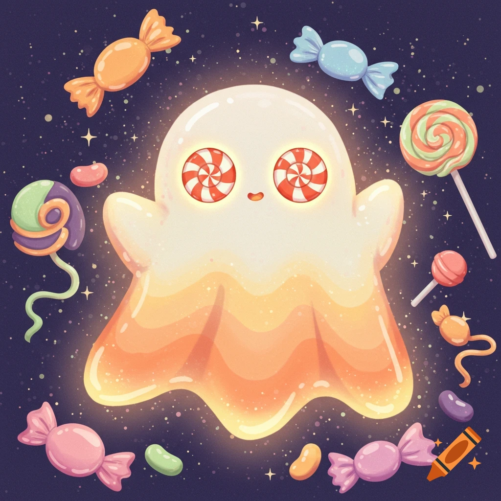 A glowing, cute, candy corn-colored ghost with peppermint swirl eyes floats amidst various colorful candies and stars on a dark background in a cartoon style.