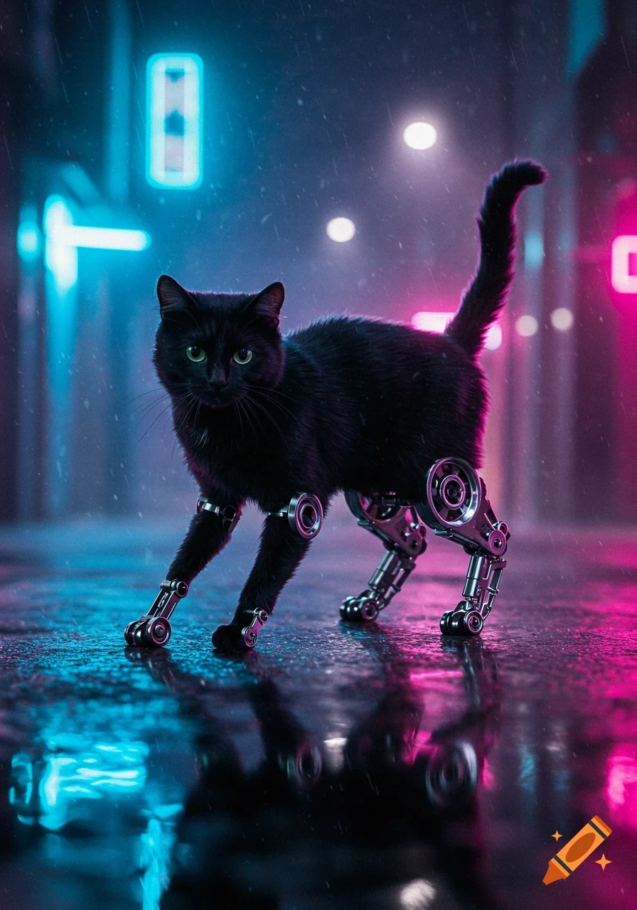 A black cat with chrome robotic legs stands on a wet, neon-lit cyberpunk city street.