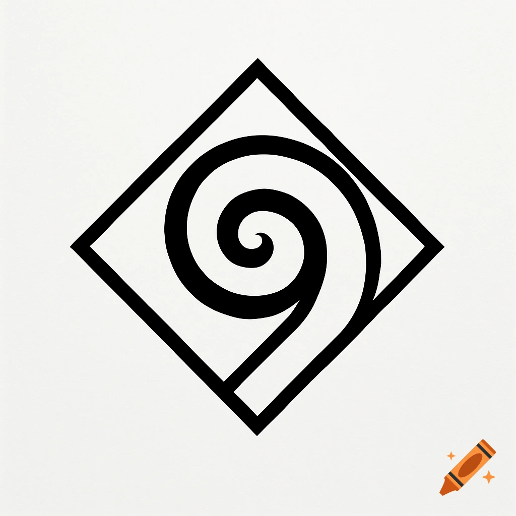An abstract black spiral design contained within a square outline on a white background.
