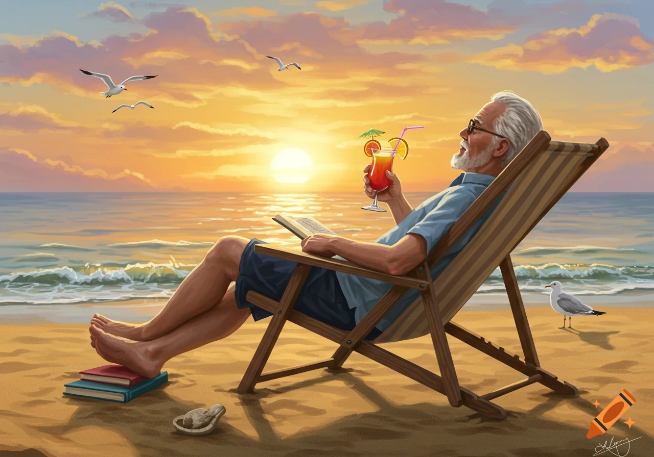 Elderly man in a beach chair reading a book and holding a cocktail at sunset over the ocean, illustration style.