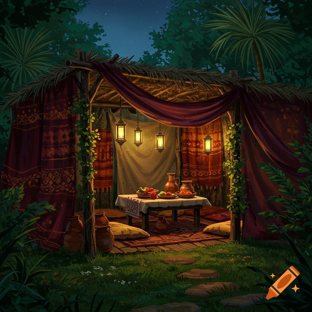 An illuminated sukkah or tent in a dark forest at night, with a table of food and lanterns, in an illustrative style.
