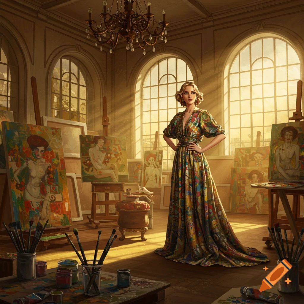 An elegant woman in a colorful patterned dress stands in a sunlit art studio filled with easels and paintings.