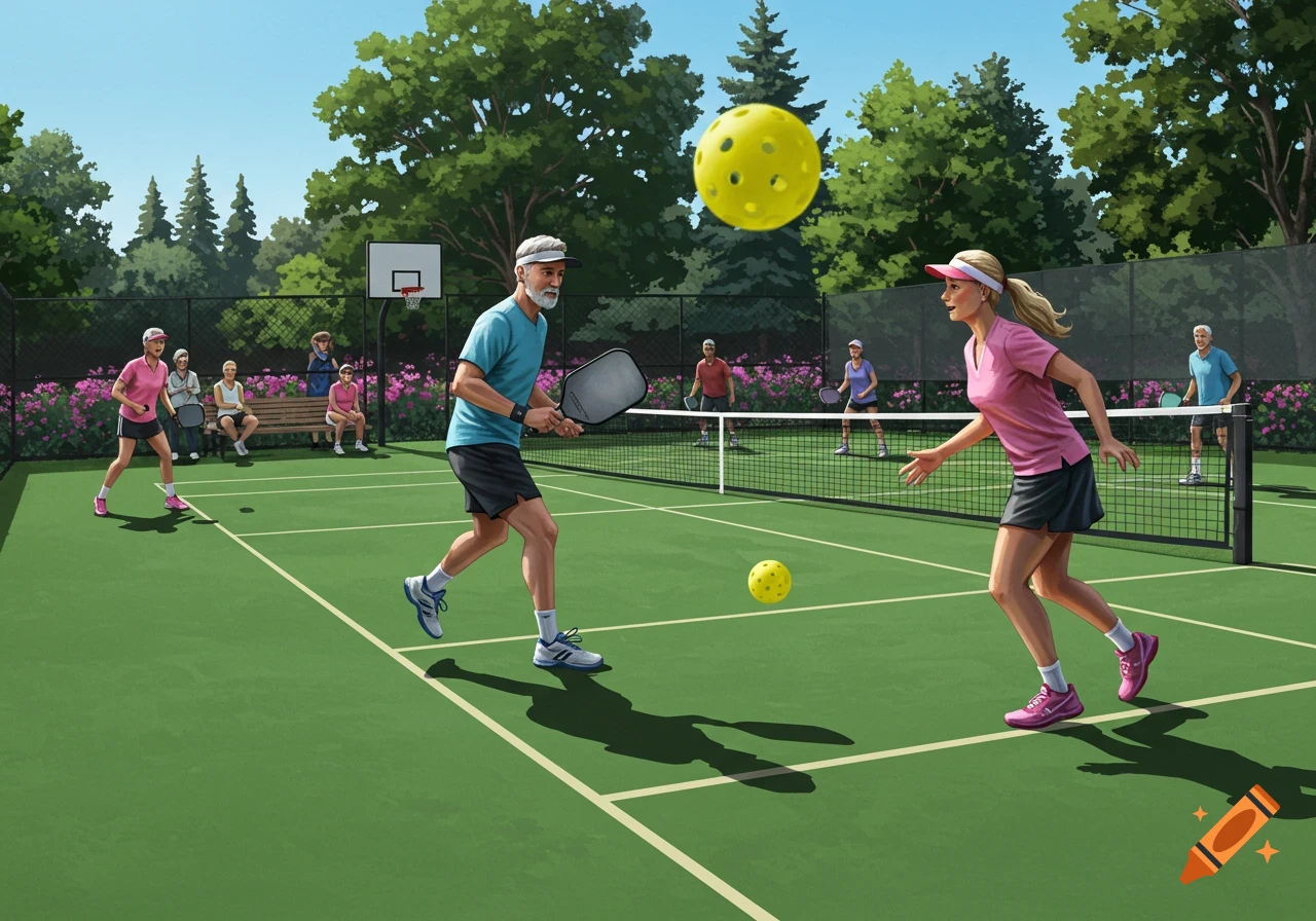 Illustration of men and women playing pickleball on an outdoor court surrounded by trees and flowers under a blue sky.
