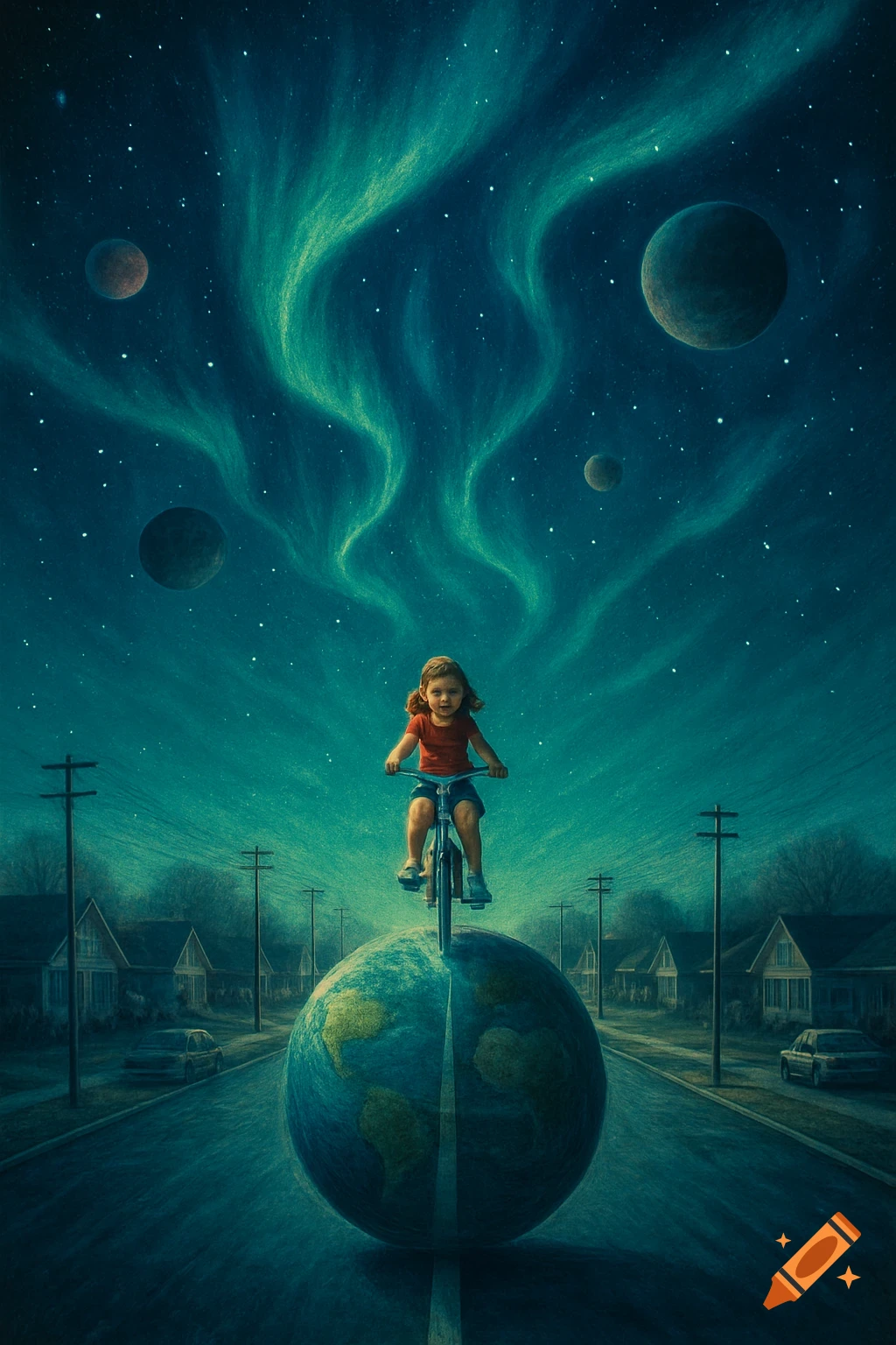 A little girl on a bike balances on a large globe in the middle of a suburban street under a starry sky with northern lights and planets, rendered in a dreamy, illustrative style.
