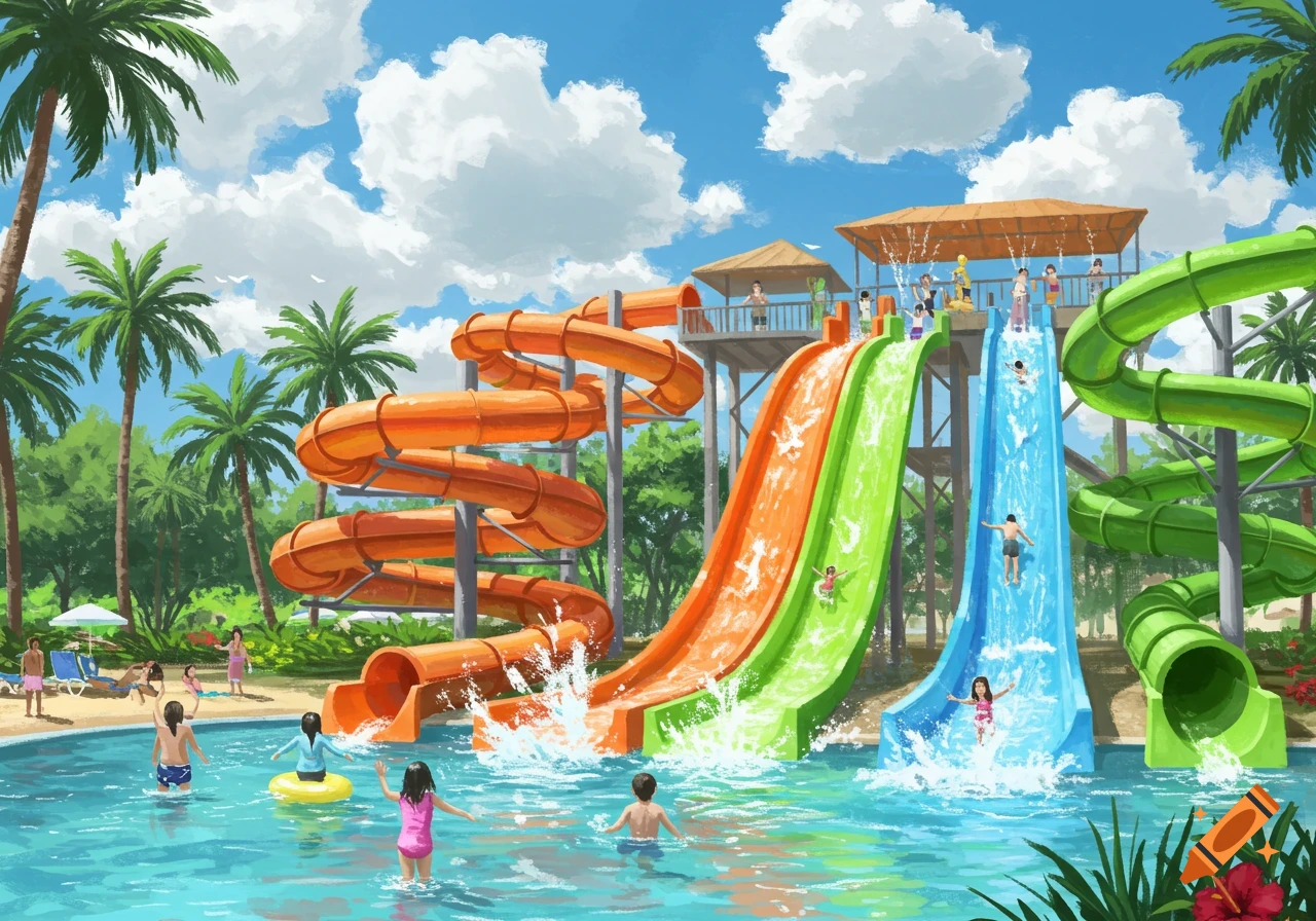 A brightly colored water park with orange, green, and blue slides, palm trees, and people swimming and sliding.