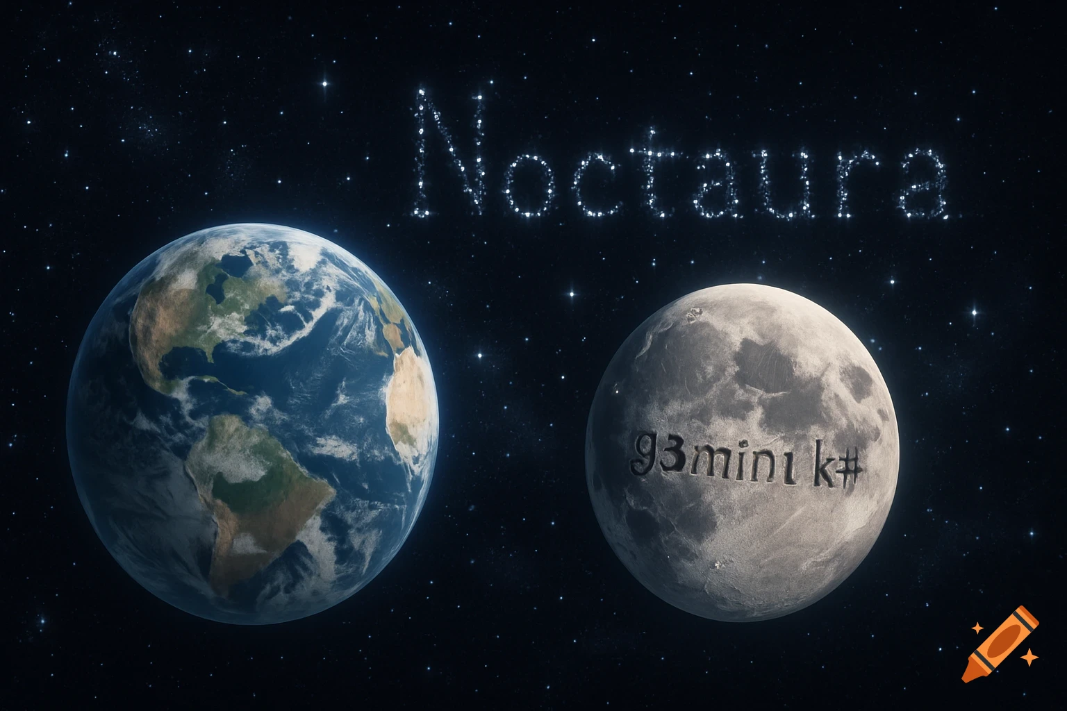Earth and the Moon float in space with 'Noctaura' in sparkling constellations and 'g3m1n1 k#' carved into the moon's surface.