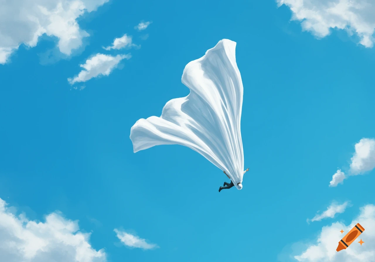 A person in a suit freefalling against a blue sky, enveloped by a large white sheet billowing like a cape.