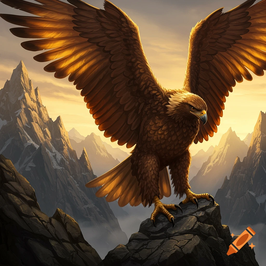 A majestic golden eagle with outstretched wings perches on a rugged mountain peak as the sun sets in a fantasy art style.