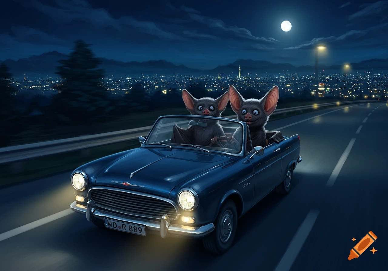 Two cartoon bats happily drive a blue convertible car on a highway at night, with a distant city and full moon.