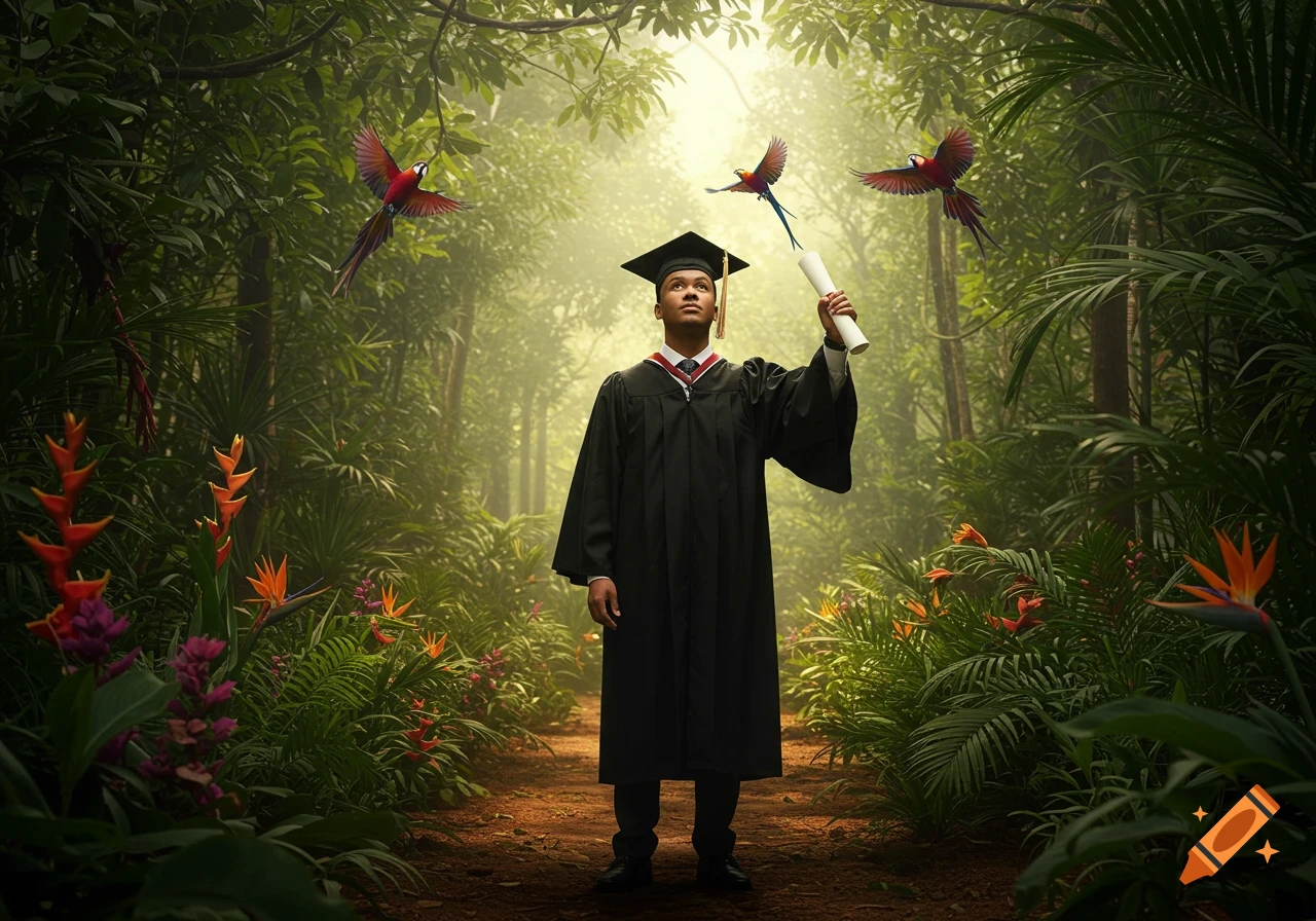 Young college graduate in cap and gown holds a diploma in a lush jungle with parrots flying around.