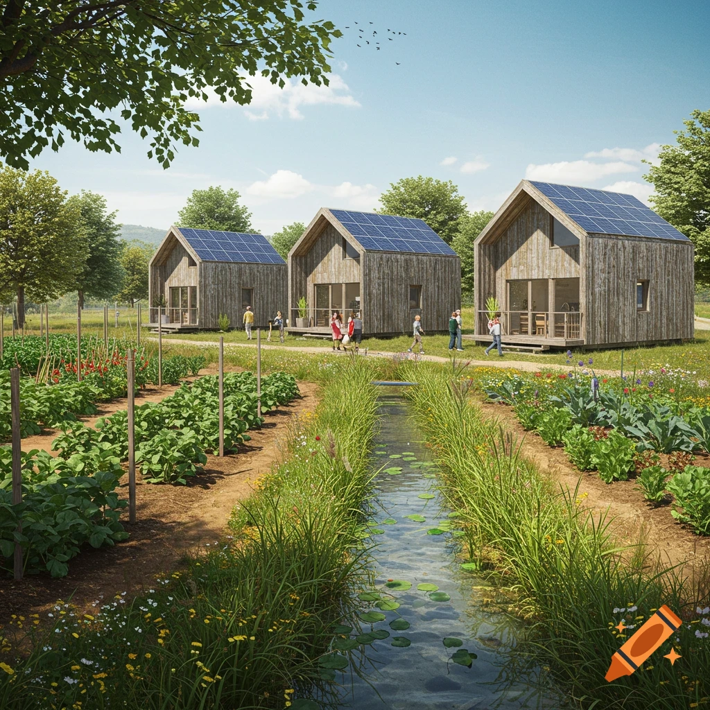 Three modern wooden tiny houses with solar panels overlook a lush vegetable garden and stream in a sunny rural landscape.