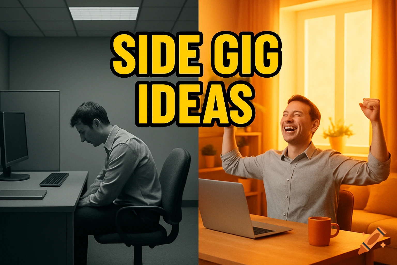 Split-screen shows a tired man at a dull office desk contrasted with a happy man working on a laptop at home, with 'SIDE GIG IDEAS'.