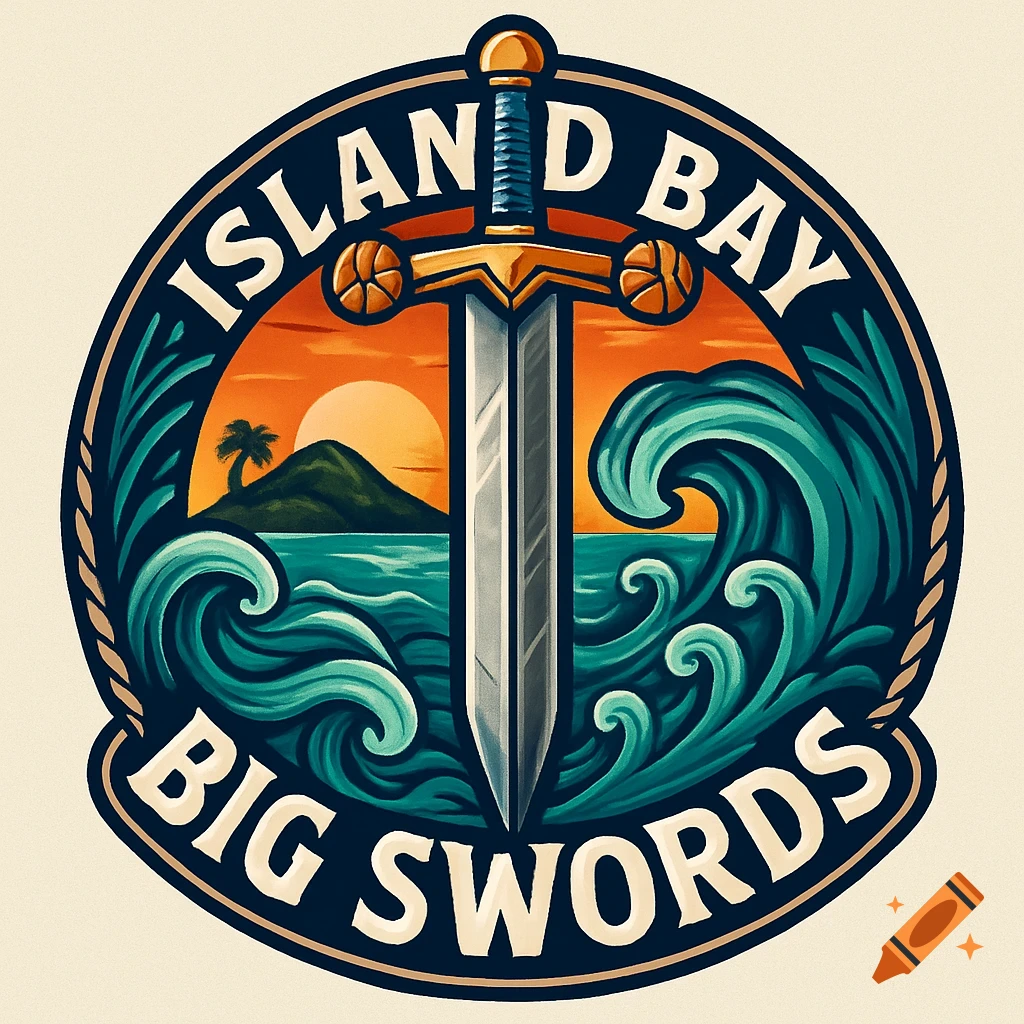 A stylized logo featuring a sword centrally positioned, with an island, sunset, and ocean waves in the background. Arched text reads 'ISLAND BAY' above and 'BIG SWORDS' below.