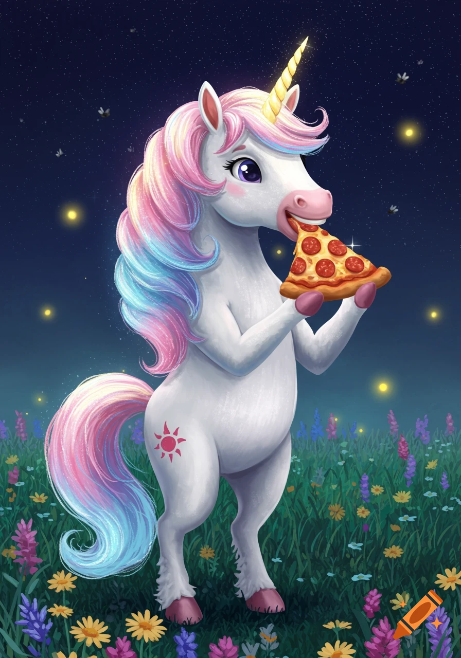 A whimsical cartoon unicorn with a rainbow mane and tail eats a slice of pepperoni pizza in a field of colorful wildflowers at night.