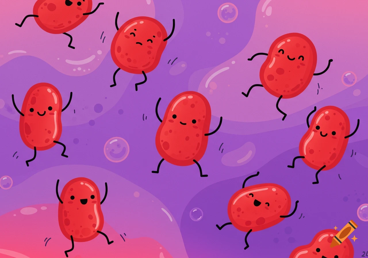 Cartoon red cells with happy faces and stick limbs dance on a wavy purple background with bubbles.