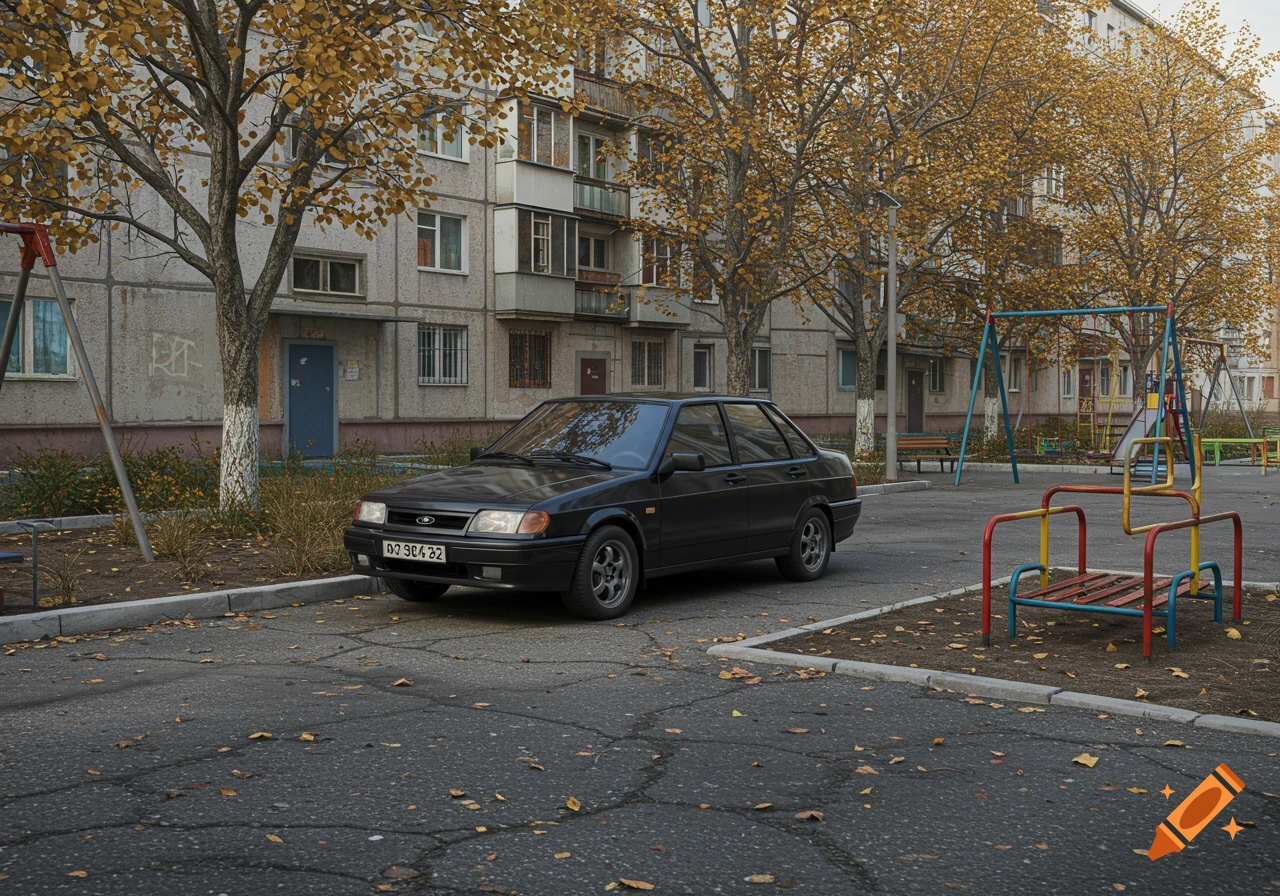 A black Lada Priora car parked in an autumn Russian courtyard with Soviet-style apartment buildings and playground structures under soft daylight.
