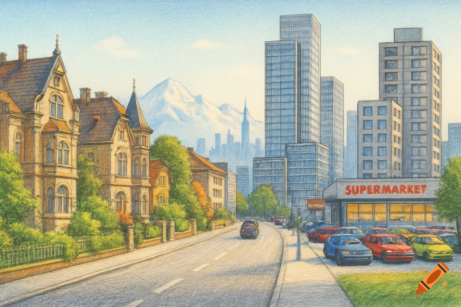 Colored pencil drawing of a city street with villas on the left, modern buildings and a supermarket on the right, cars, and distant mountains.