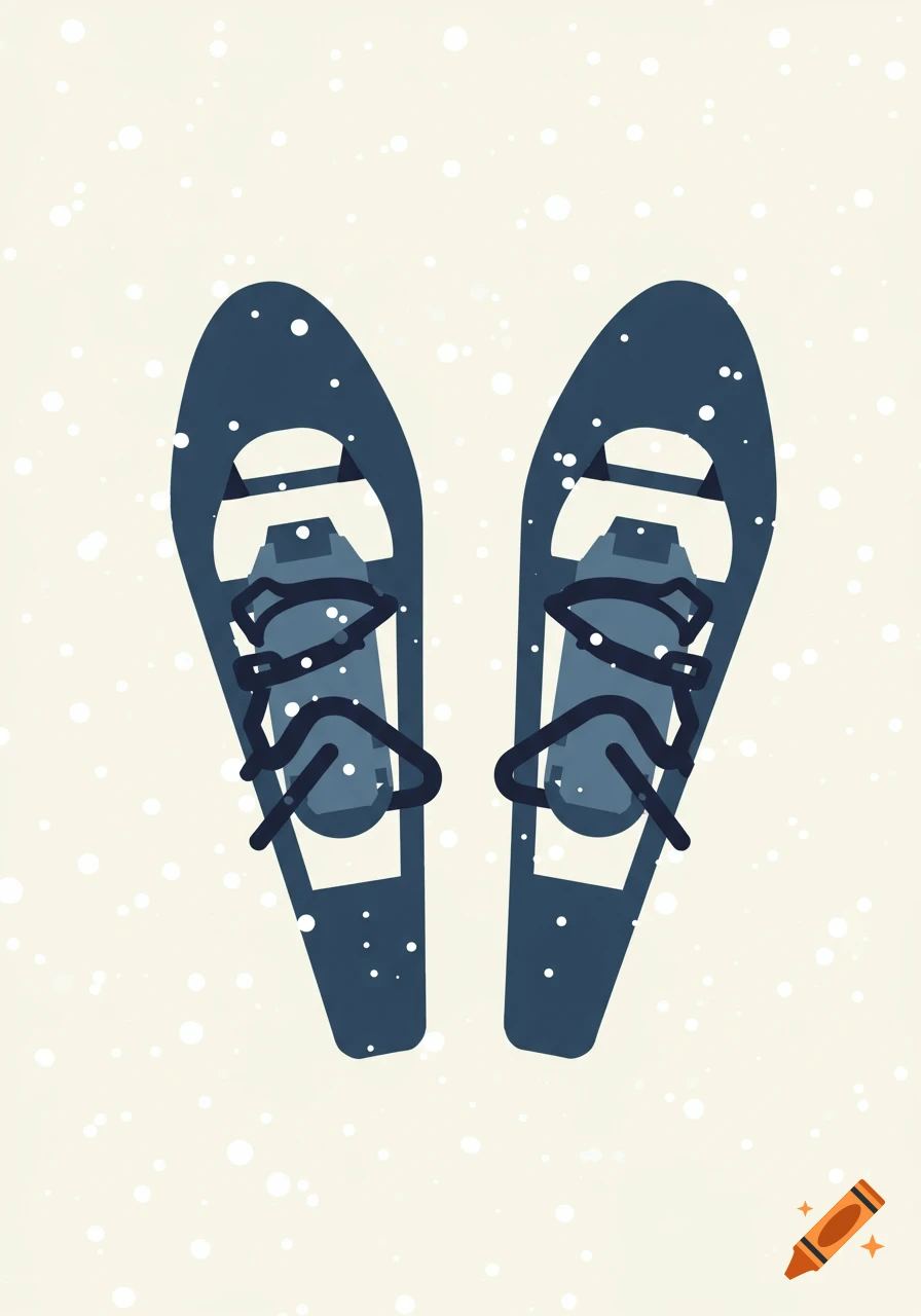 A minimalist illustration of two blue snowshoes with falling white snowflakes on a light background.