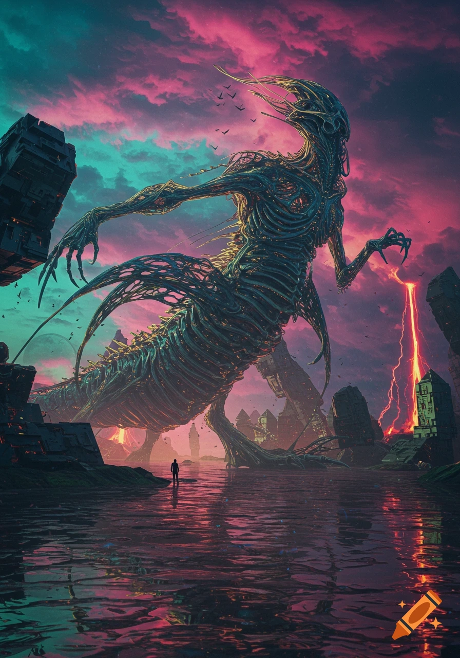 A colossal skeletal monster looms over a lone figure in a surreal, vibrant landscape with pink and teal skies and flowing lava.