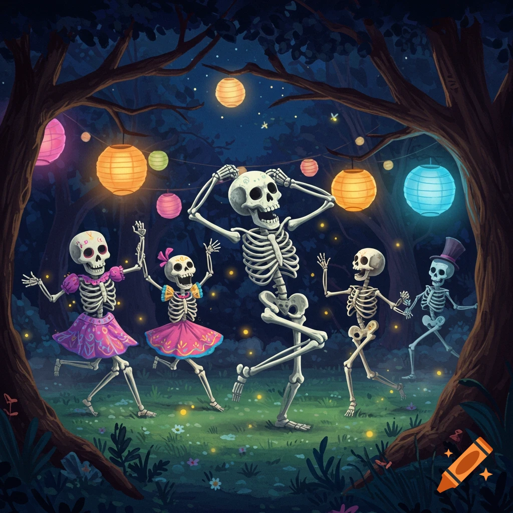 Six cartoon skeletons, two in pink dresses, dancing happily in a dark forest lit by colorful glowing lanterns and fireflies.