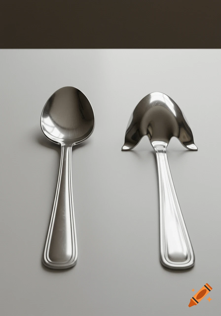 A shiny normal spoon and a shiny bent spoon lie side-by-side on a light gray surface with a darker background.