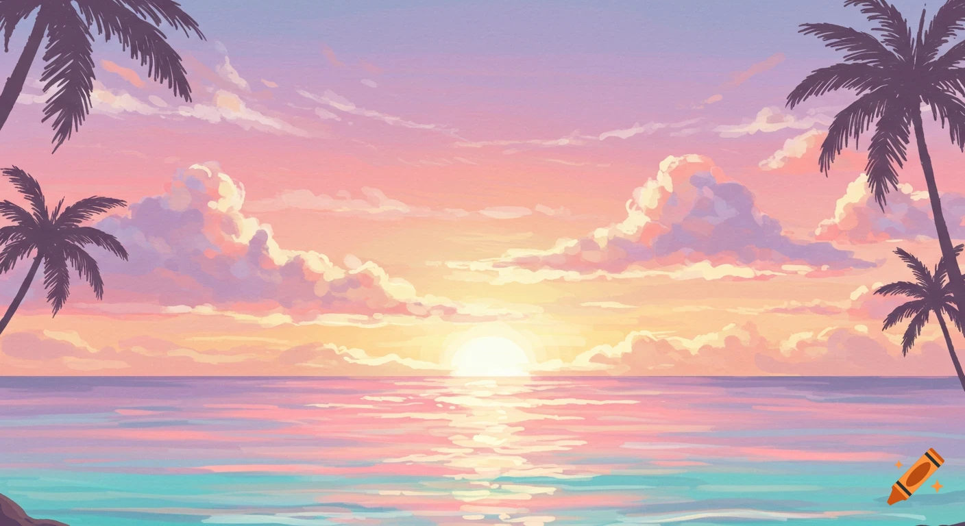 A tropical sunset over the sea with palm tree silhouettes, rendered in soft pastel illustration style.