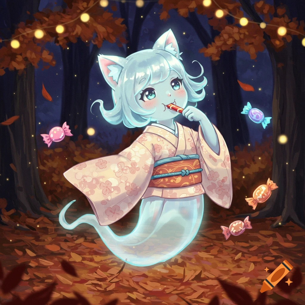 Cute anime ghost girl with cat ears in a kimono eats candy in a magical autumn forest.