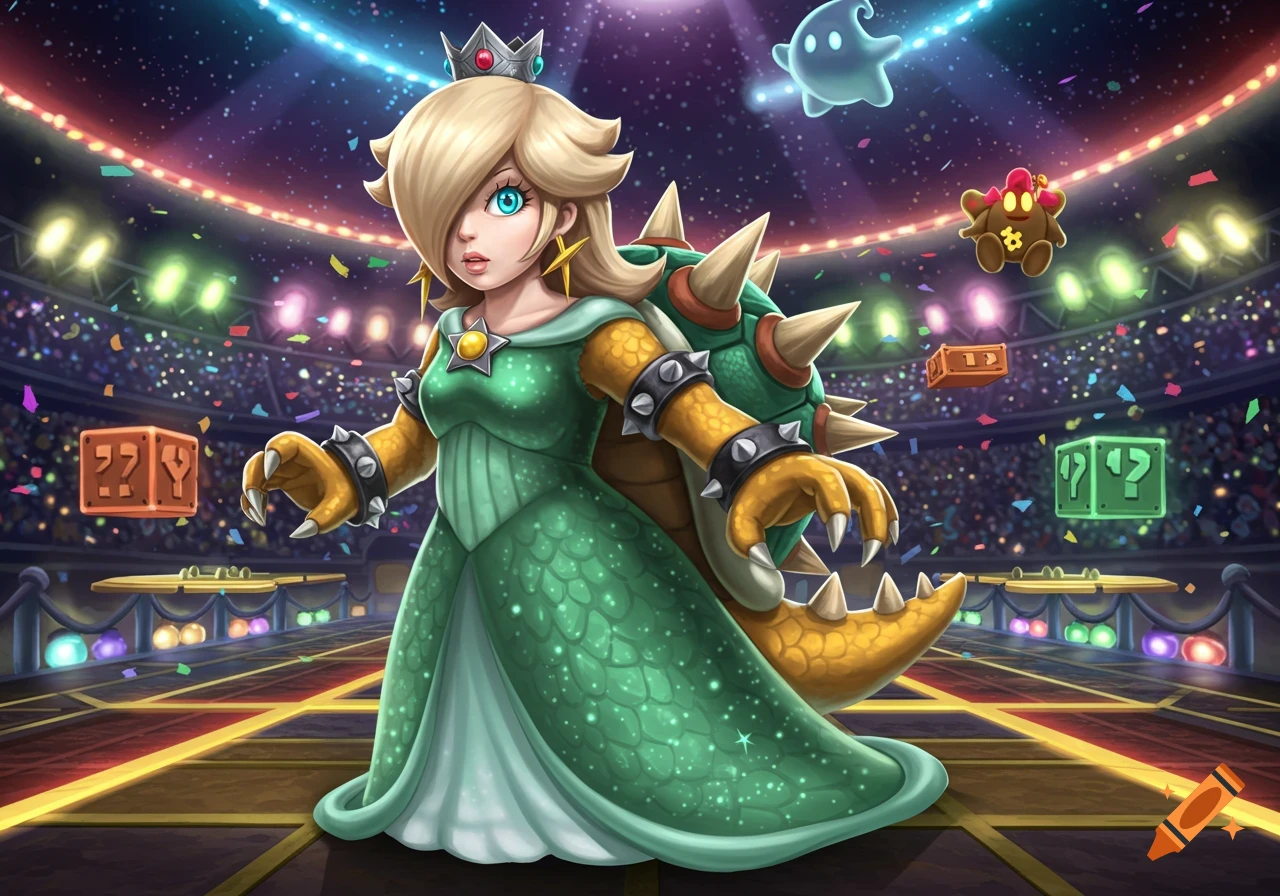 Rosalina, dressed in a green and gold Bowser-themed suit with spikes and claws, stands in a brightly lit stadium surrounded by floating Mario blocks and Lumas. The style is detailed cartoon.