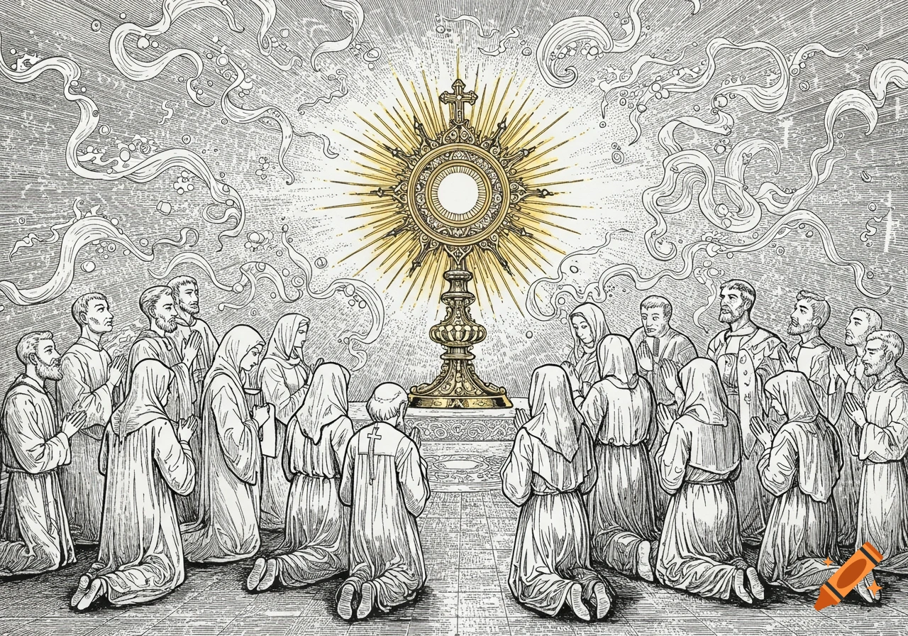 Black and white line drawing of a Catholic monstrance emitting golden rays, surrounded by people kneeling in adoration.