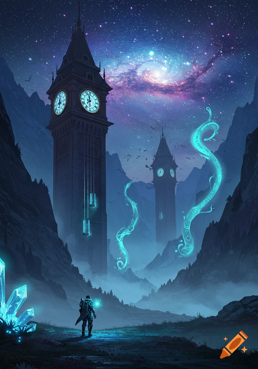 A person in a futuristic suit stands before towering, ancient clock towers under a vibrant galaxy sky, with glowing blue crystals and mystical energy.