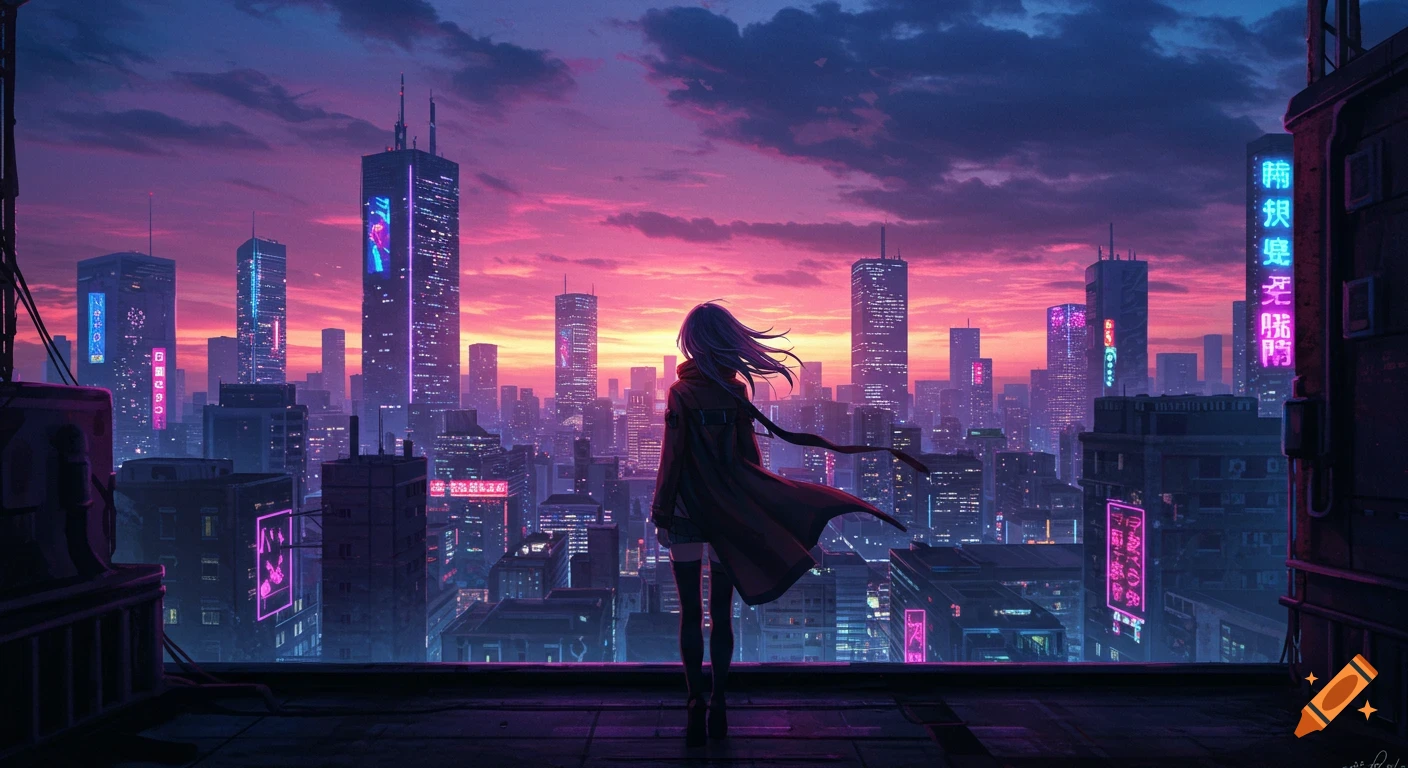 An anime-style image of a woman in a long coat on a rooftop overlooking a vibrant cyberpunk city at sunset, with purple and pink skies and neon-lit skyscrapers.