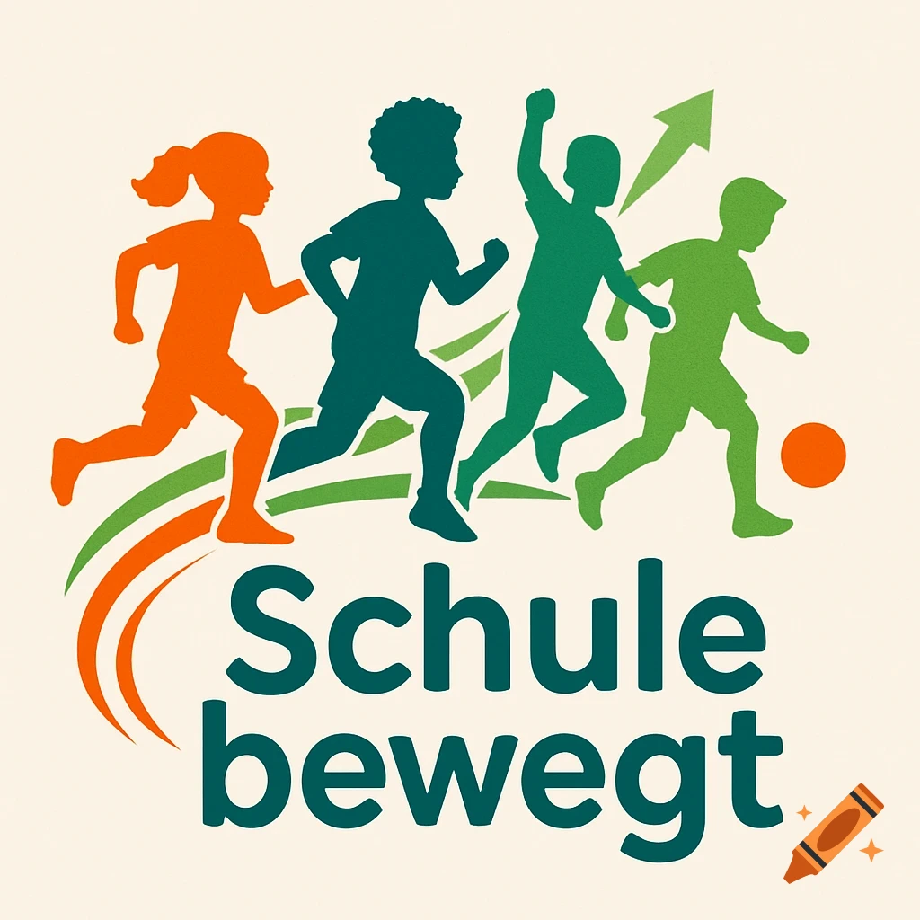 Modern logo with orange and green silhouettes of four children running and playing with a ball, above the text 'Schule bewegt' and an upward arrow.