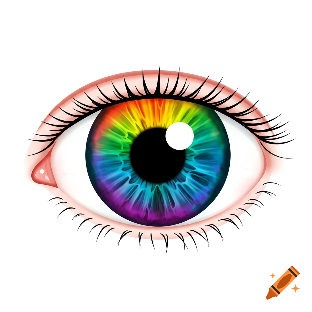 Cartoon illustration of a human eye with a large, vibrant rainbow-colored iris, black pupil, white sclera, and long black eyelashes.