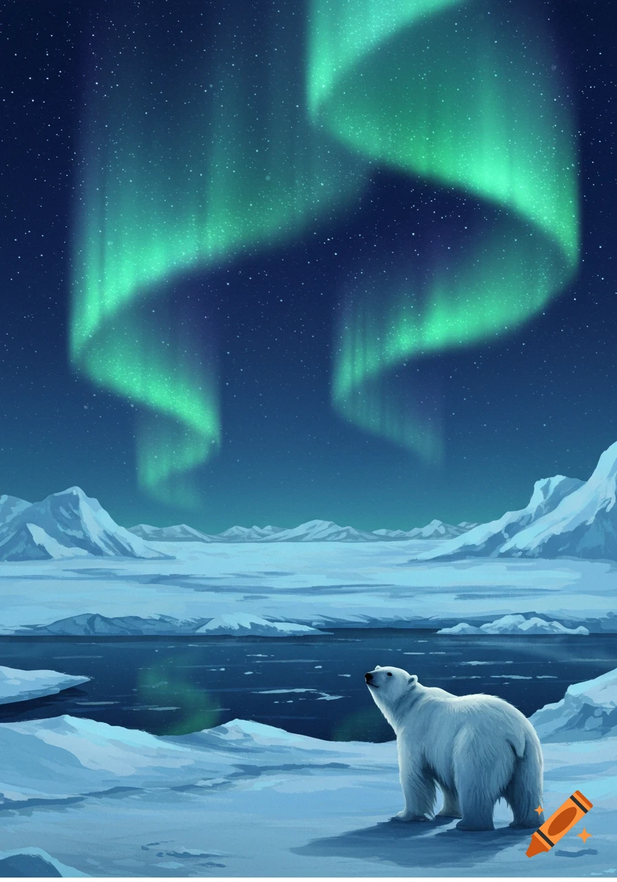 An illustration of a polar bear on an icy landscape, looking up at the green aurora borealis and a starry night sky.