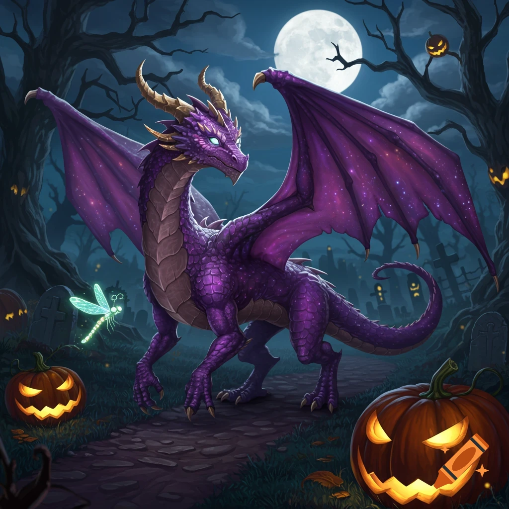 A vibrant purple dragon with golden horns and glowing eyes walks a spooky pathway at night, accompanied by a glowing dragonfly. Jack-o'-lanterns and graves dot the Halloween scene under a full moon.