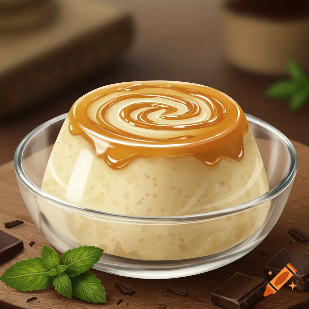 A stylized illustration of a pudding with a caramel swirl topping, served in a glass bowl with mint leaves and chocolate pieces on a wooden background.