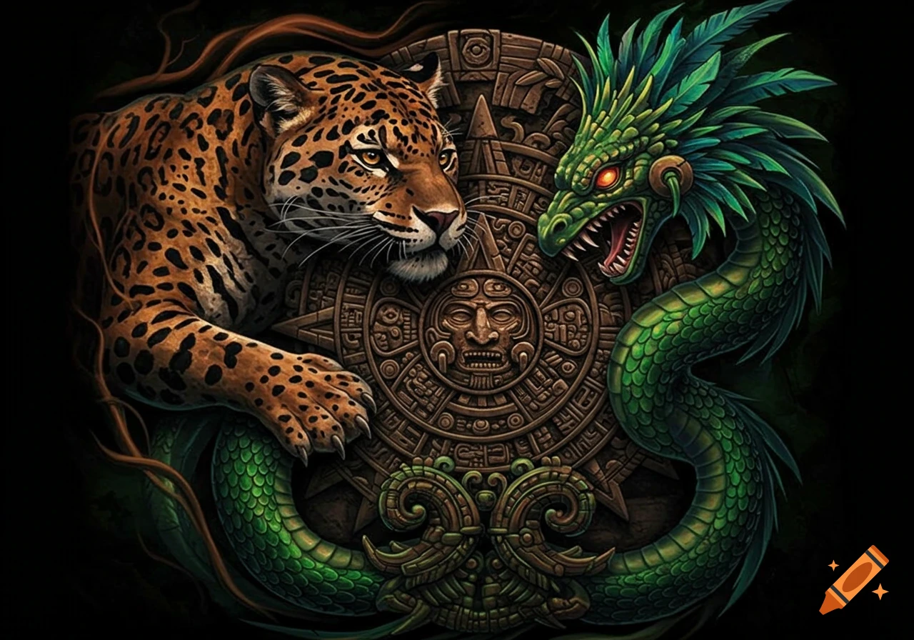 A detailed illustration of a spotted jaguar and a green feathered serpent (Quetzalcoatl) in a struggle around an Aztec sun calendar.